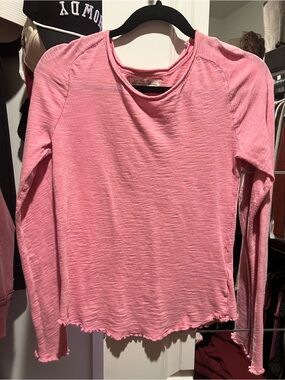 Free People Pink Raw-Edge Long Sleeve Crewneck Top